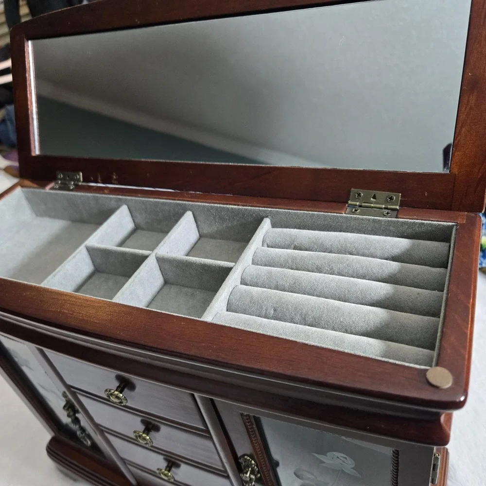 Armoire Jewelry Box With Double Doors and Mirrored Flip Top Vintage